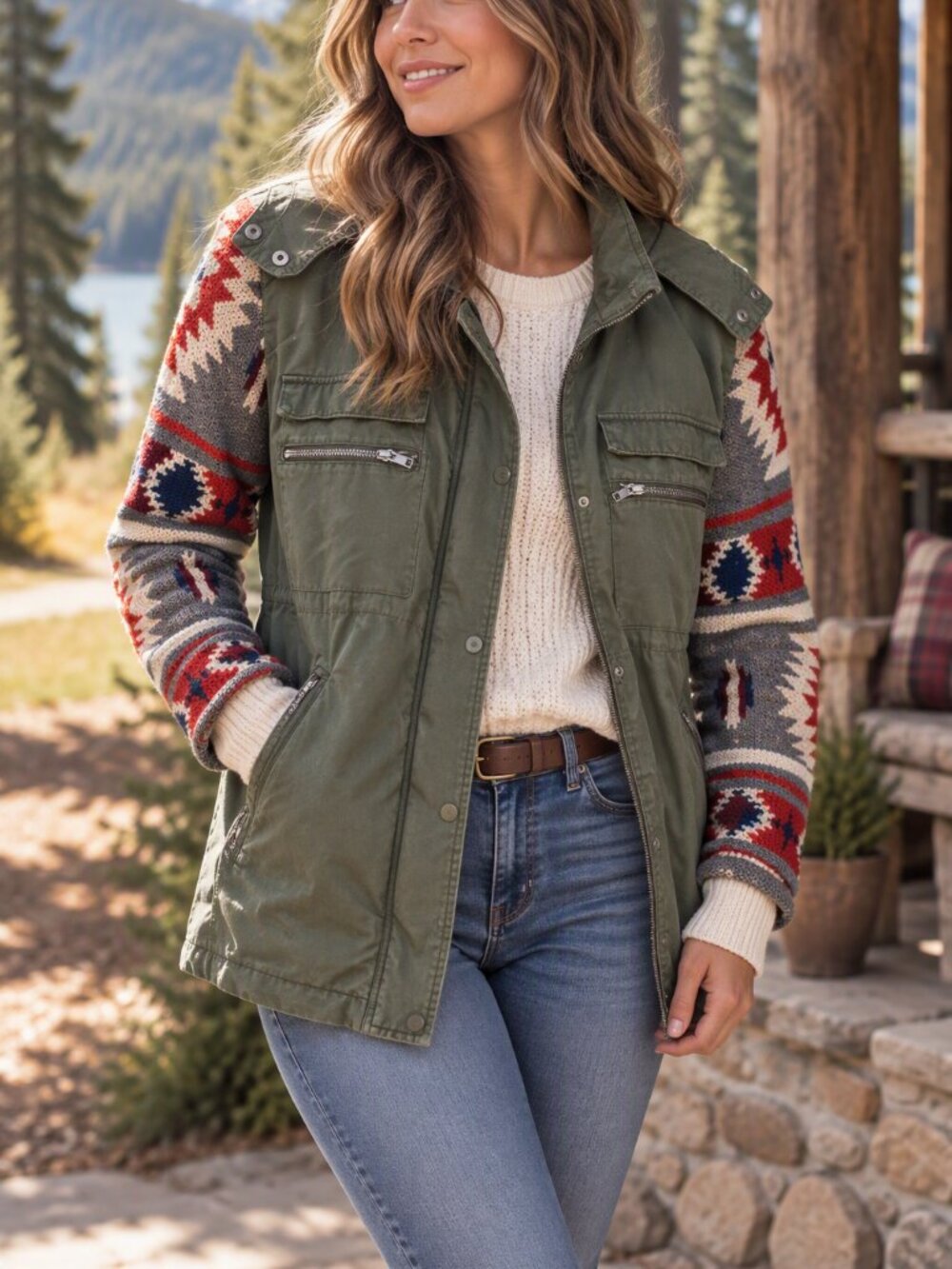 Thread & Supply Olive Utility Jacket with Red & Blue Aztec Knit Sleeves